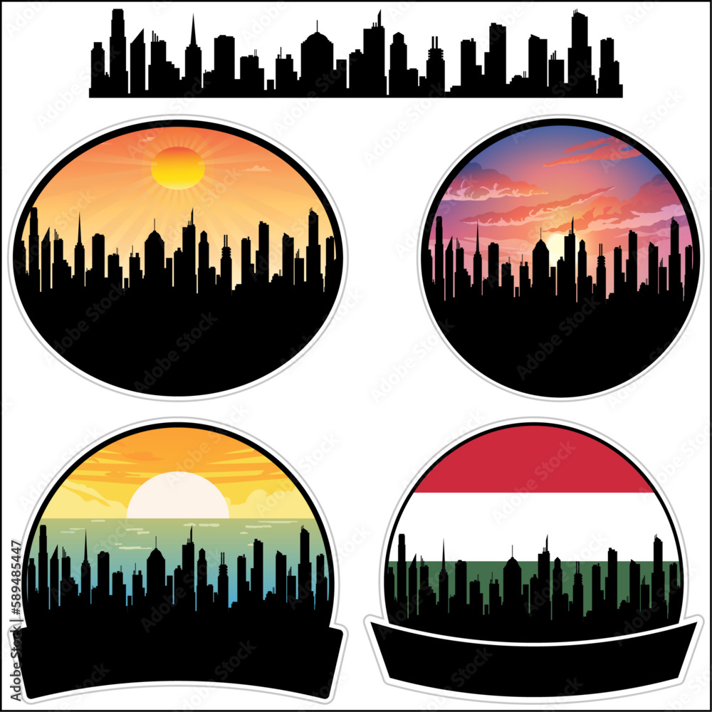 Dombovar Skyline Silhouette Hungary Flag Travel Souvenir Sticker Sunset Background Vector Illustration SVG EPS AI