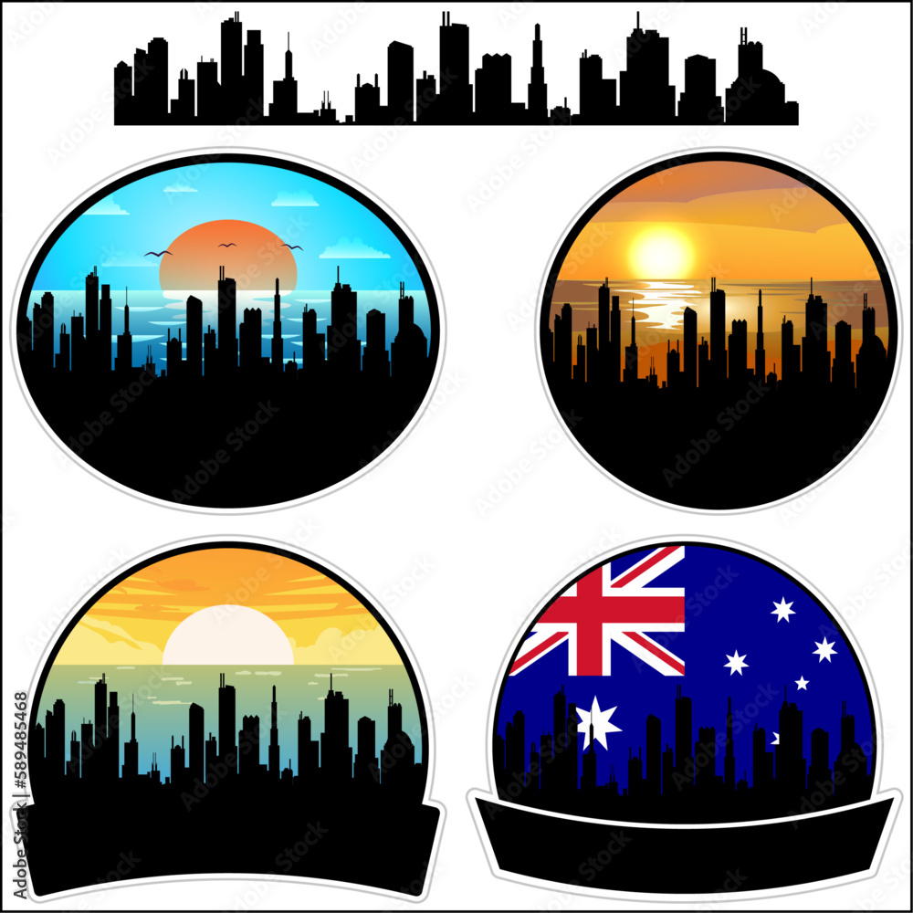 Mount Eliza Skyline Silhouette Australia Flag Travel Souvenir Sticker Sunset Background Vector Illustration SVG EPS AI
