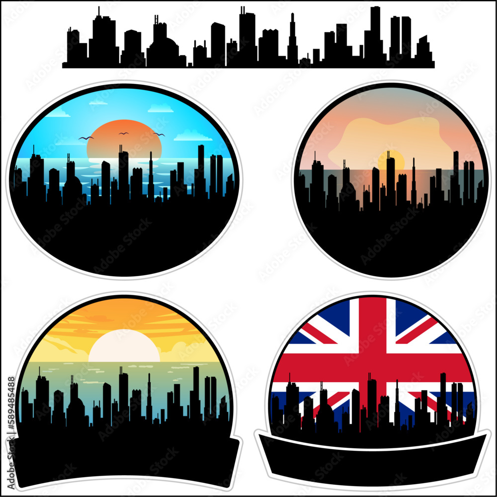 Colne Skyline Silhouette Uk Flag Travel Souvenir Sticker Sunset Background Vector Illustration SVG EPS AI