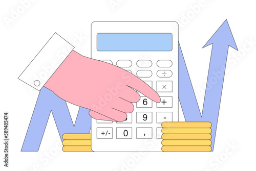 Vector illustration of character with calculator counting finance or dollar coins, planning, distributing budget. Financial management concept. Diversification of money savings, investments, assets.