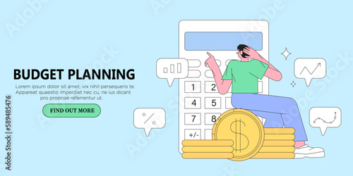 Vector illustration of character sitting on coins with calculator counting finance, planning, distributing budget. Financial management concept. Diversification of money savings, investments, assets.