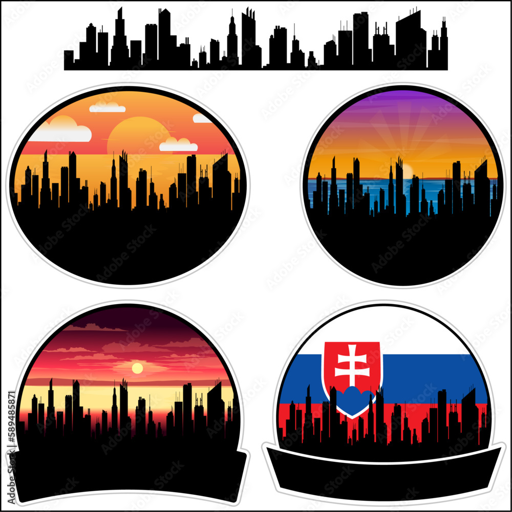 Malacky Skyline Silhouette Slovakia Flag Travel Souvenir Sticker Sunset Background Vector Illustration SVG EPS AI