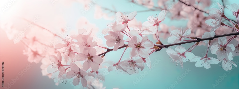 the pink cherry blossoms are in bloom, in the style of soft and dreamy pastels, light amber and cyan, digitally manipulated