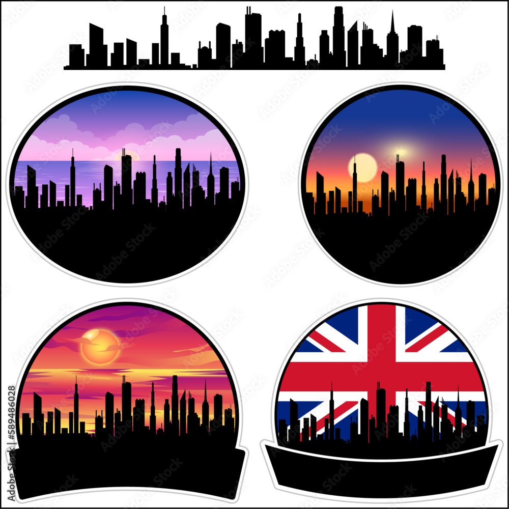 Hednesford Skyline Silhouette Uk Flag Travel Souvenir Sticker Sunset Background Vector Illustration SVG EPS AI