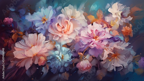 abstract flora background  beautiful spring pastel flowers garden in pastel tone color  pink  blue  orange  vintage dreamy tone color  Generative Ai
