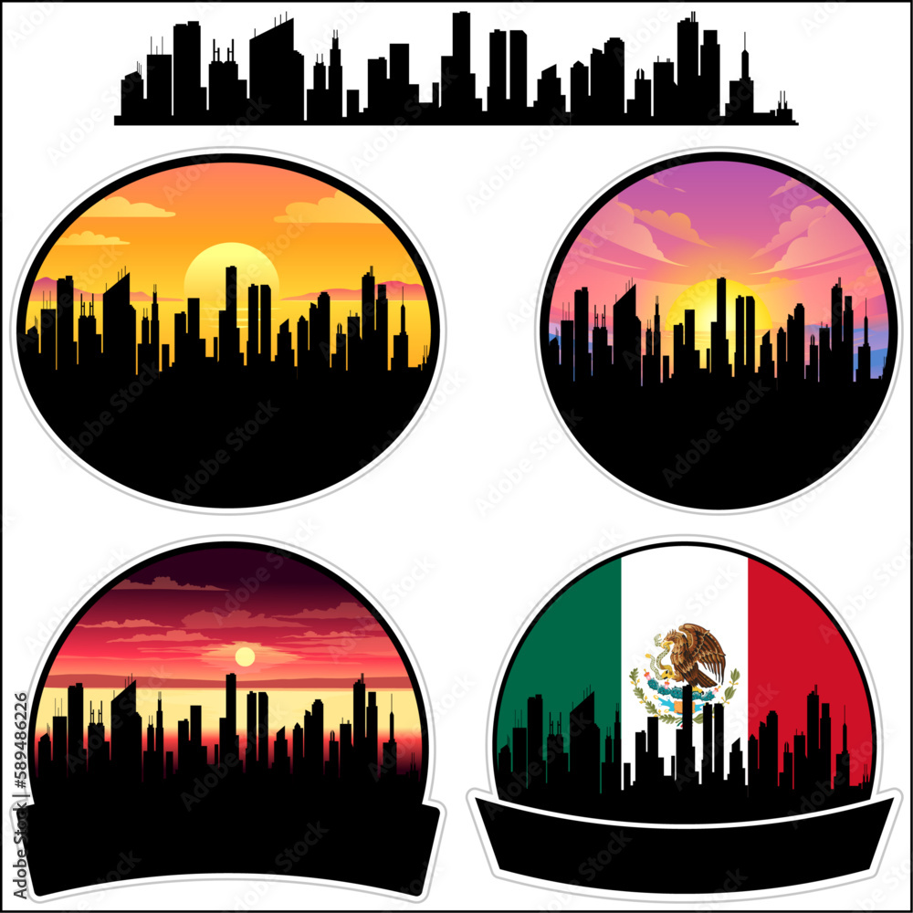 Tlahuelilpan Skyline Silhouette Mexico Flag Travel Souvenir Sticker Sunset Background Vector Illustration SVG EPS AI