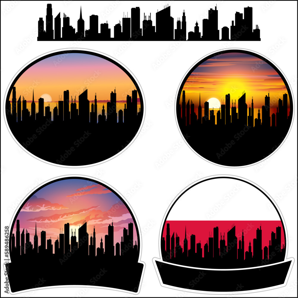 Gubin Skyline Silhouette Poland Flag Travel Souvenir Sticker Sunset Background Vector Illustration SVG EPS AI
