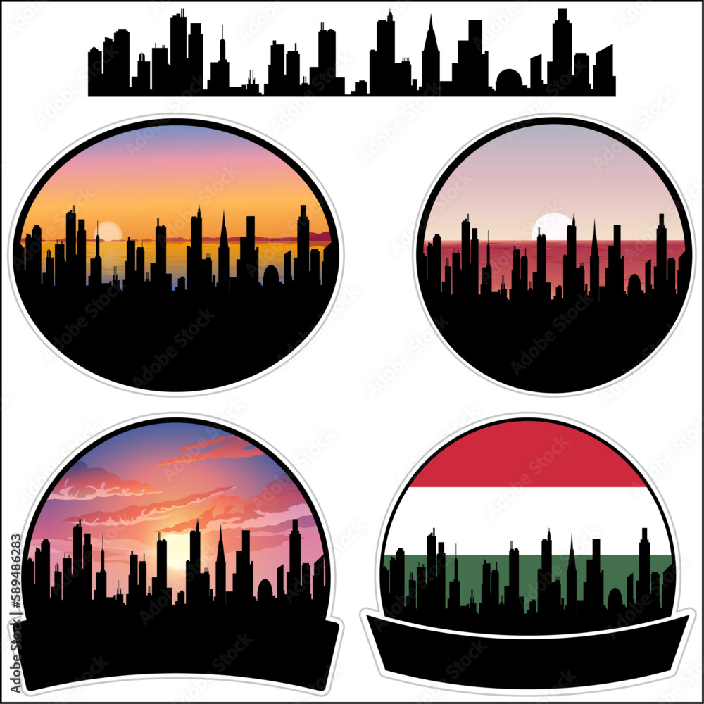 Pomaz Skyline Silhouette Hungary Flag Travel Souvenir Sticker Sunset Background Vector Illustration SVG EPS AI
