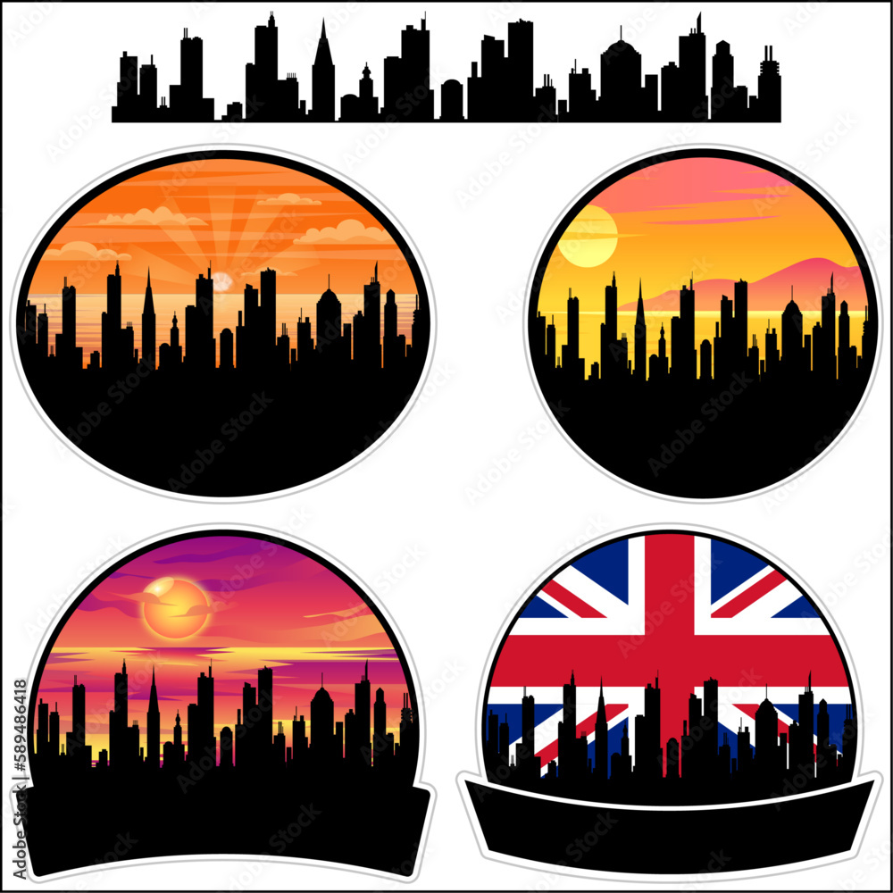 Oswestry Skyline Silhouette Uk Flag Travel Souvenir Sticker Sunset Background Vector Illustration SVG EPS AI