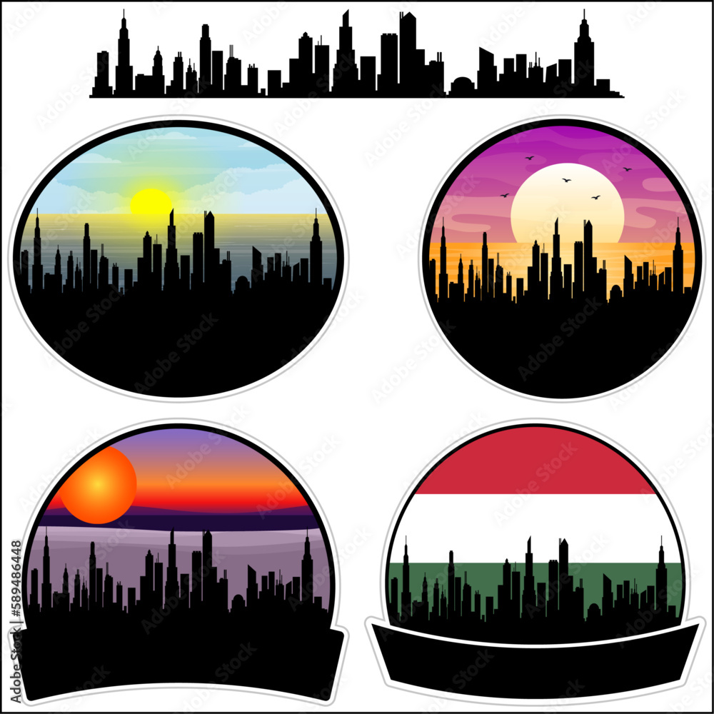 Dabas Skyline Silhouette Hungary Flag Travel Souvenir Sticker Sunset Background Vector Illustration SVG EPS AI