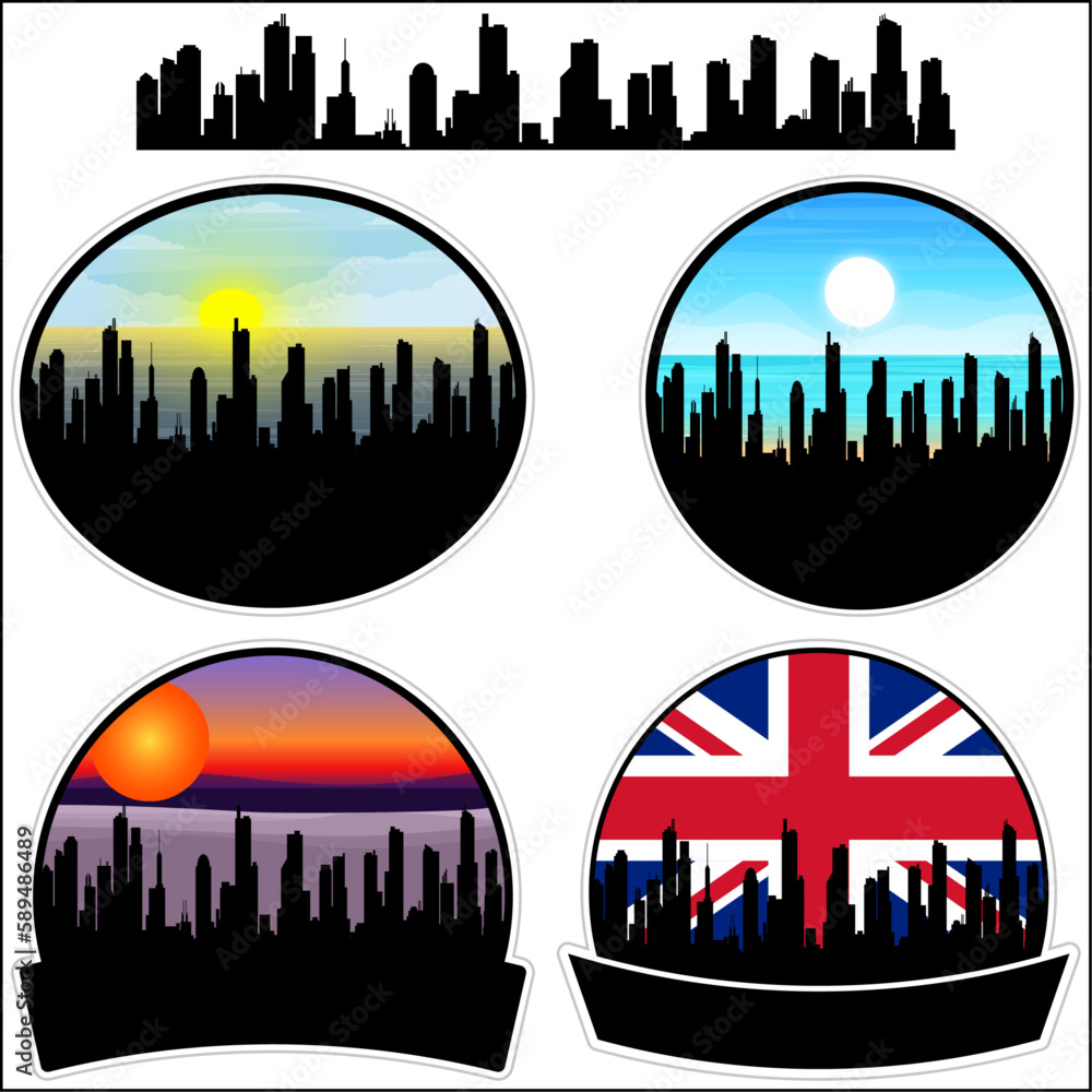 Heckmondwike Skyline Silhouette Uk Flag Travel Souvenir Sticker Sunset Background Vector Illustration SVG EPS AI