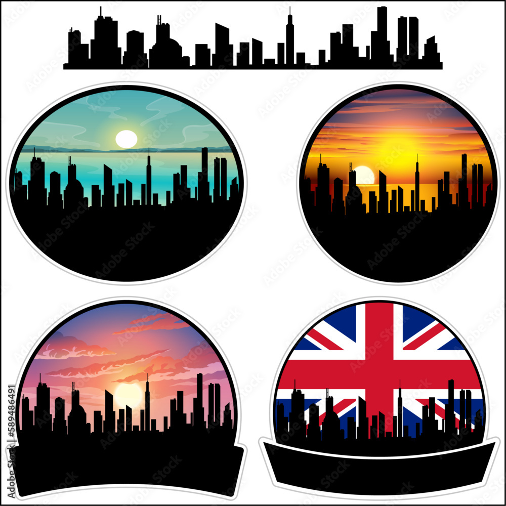 Golcar Skyline Silhouette Uk Flag Travel Souvenir Sticker Sunset Background Vector Illustration SVG EPS AI
