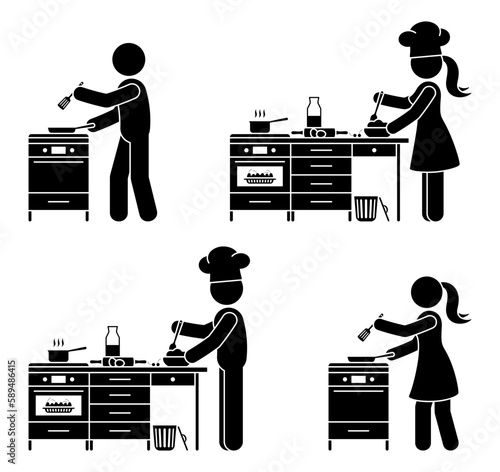 Stick figure chef cook man and woman baking pie vector illustration set. Stickman person cooking on stove restaurant kitchen icon pictogram