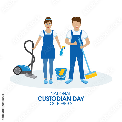 National Custodian Day vector illustration. Male and female cleaning workers icon vector. Cheerful young man and woman custodial workers drawing. October 2. Important day