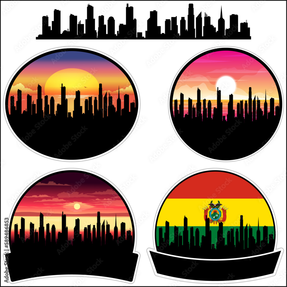 Vallegrande Skyline Silhouette Bolivia Flag Travel Souvenir Sticker Sunset Background Vector Illustration SVG EPS AI