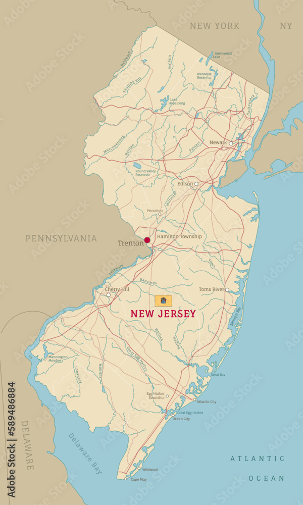 Road map of New Jersey US American federal state. Editable highly