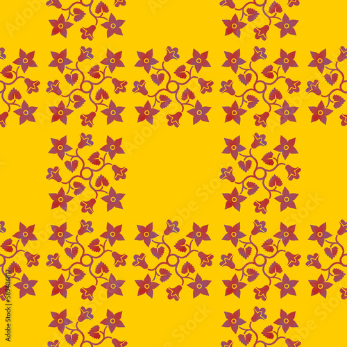 Seamless repeatable pattern. Leaves and flowers. Modern geometric Folk style. Colorful graphic design. 