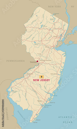 Road map of New Jersey US American federal state. Editable highly detailed transportation map of New Jersey with highways and interstate roads, rivers, lakes and cities vector illustration