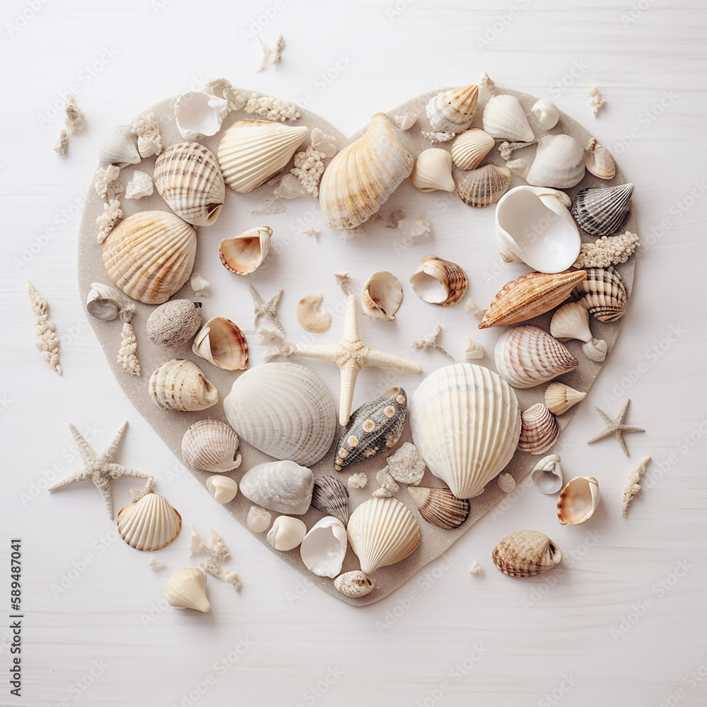 Heart shape composition of seashells, flatlay. Generative AI