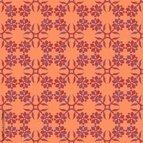 Seamless repeatable pattern. Leaves and flowers. Modern geometric Folk style. Colorful graphic design. 