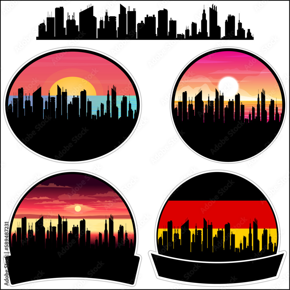 Zeulenroda Skyline Silhouette Germany Flag Travel Souvenir Sticker Sunset Background Vector Illustration SVG EPS AI