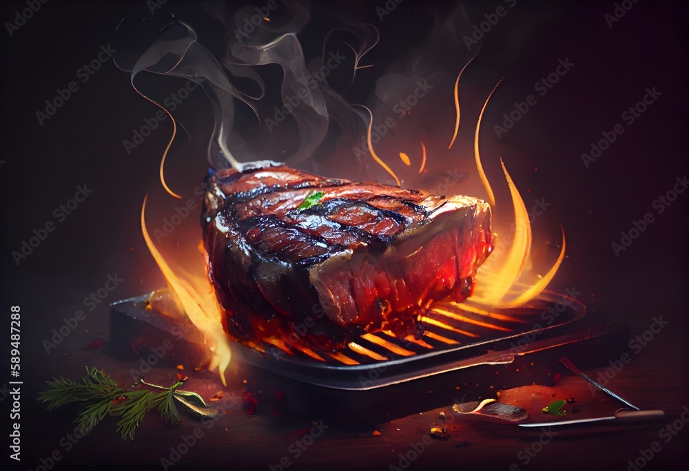 TBone steak on grill with blazing fire flame. Food and cuisine concept