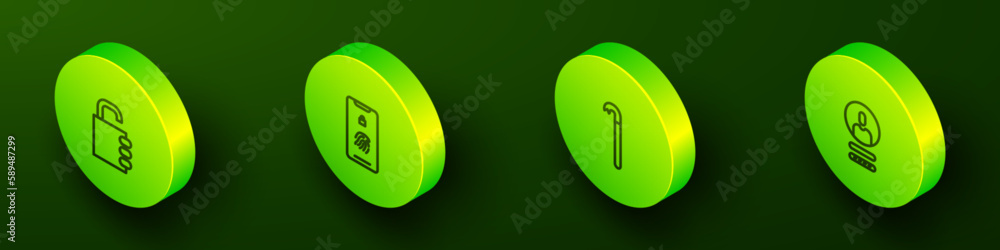 Set Isometric line Safe combination lock, Mobile with fingerprint scan, Crowbar and Create account screen icon. Vector Set Isometric line Safe combination lock, Mobile with fingerprint scan, Crowbar and Create account screen icon. Vector