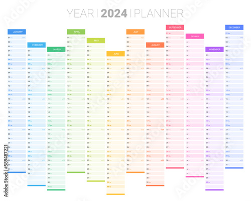 2024 wall business planner, calendar, organizer template, 12 months set. Corporate annual printable schedule journal. Wall planner with space for personal notes vector illustration