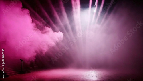 immerse yourself in an ethereal world  empty dark stage transformed with mist  fog  and pink spotlights  perfect for showcasing artistic works and products. generative ai