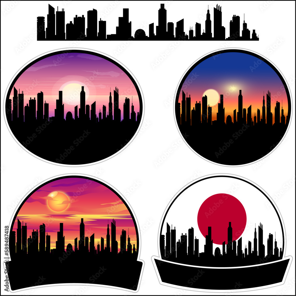 Kasumi Skyline Silhouette Japan Flag Travel Souvenir Sticker Sunset Background Vector Illustration SVG EPS AI