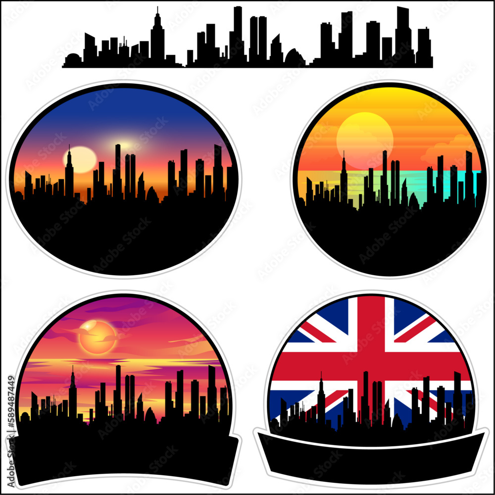 Birstall Skyline Silhouette Uk Flag Travel Souvenir Sticker Sunset Background Vector Illustration SVG EPS AI