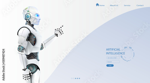 Cyborg AI detailed vector. Machine learning AI with big data. Artificial intelligence analysis information.