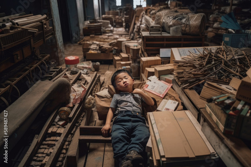 Exhausted little asian boy in cap and work clothes sleeping while working on factory at night against blurred background with copy space.