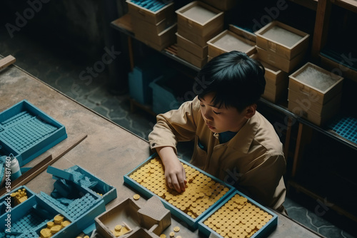 Top view of tired little asian boy working on industrial factory during the night with copy space left generative ai. Concept of child labor, child exploitation. photo