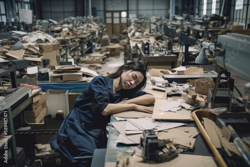 Exhausted Asian female master in casual clothes sleeping on wooden table with papers during break from work process at workplace photo
