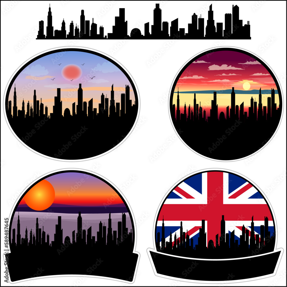 East Barnet Skyline Silhouette Uk Flag Travel Souvenir Sticker Sunset Background Vector Illustration SVG EPS AI