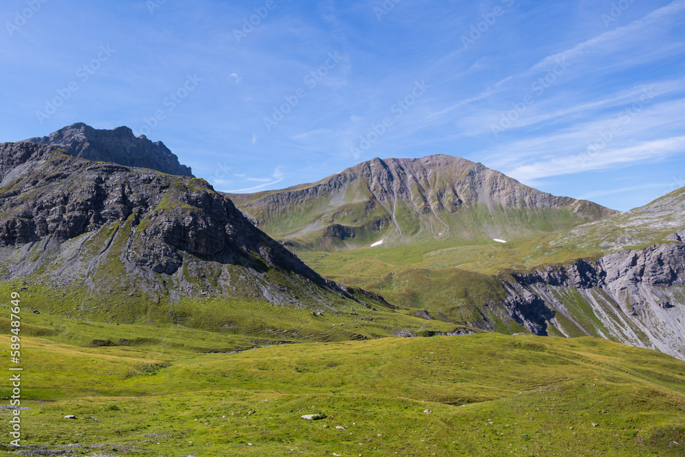 peak of Sandhubel mountain in blue sky near Arosa in summer