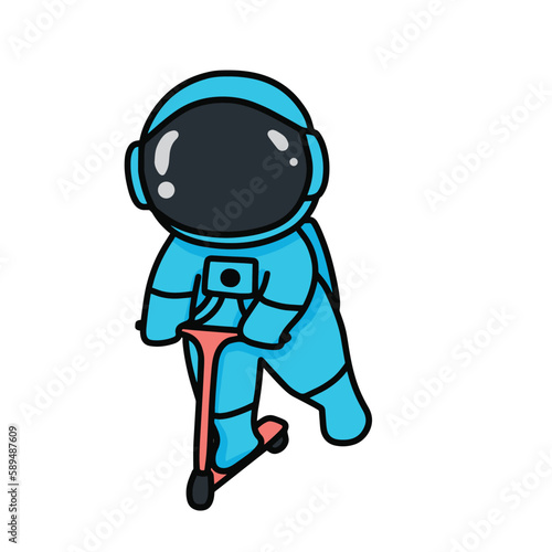 cute astronaut playing with scooter