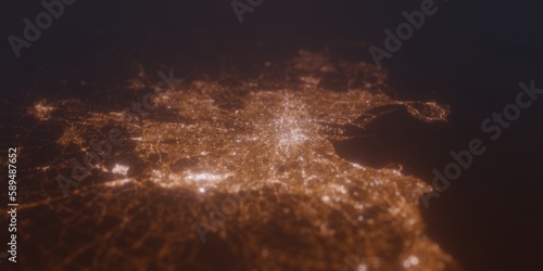 Street lights map of Dublin (Ireland) with tilt-shift effect, view from south. Imitation of macro shot with blurred background. 3d render, selective focus