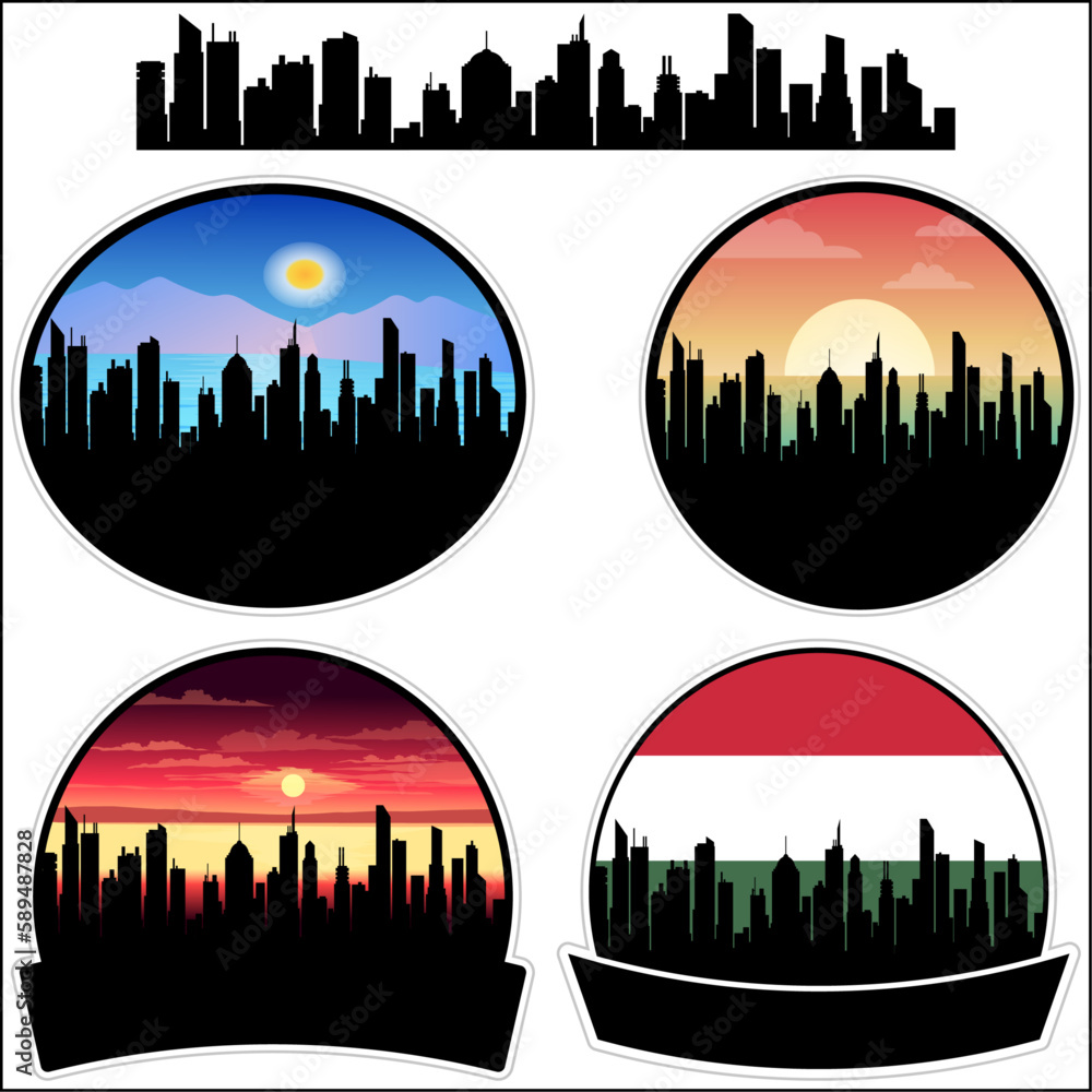 Mezotur Skyline Silhouette Hungary Flag Travel Souvenir Sticker Sunset Background Vector Illustration SVG EPS AI