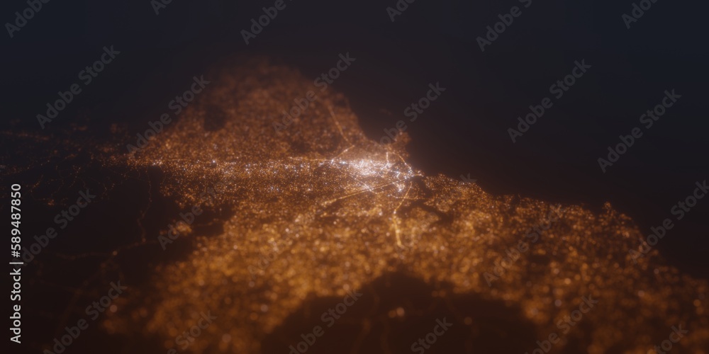 Street lights map of Dar Es Salaam (Tanzania) with tilt-shift effect, view from south. Imitation of macro shot with blurred background. 3d render, selective focus