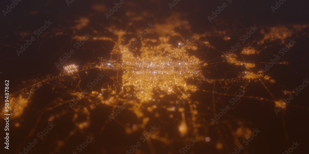 Street lights map of Isfahan (Iran) with tilt-shift effect, view from east. Imitation of macro shot with blurred background. 3d render, selective focus