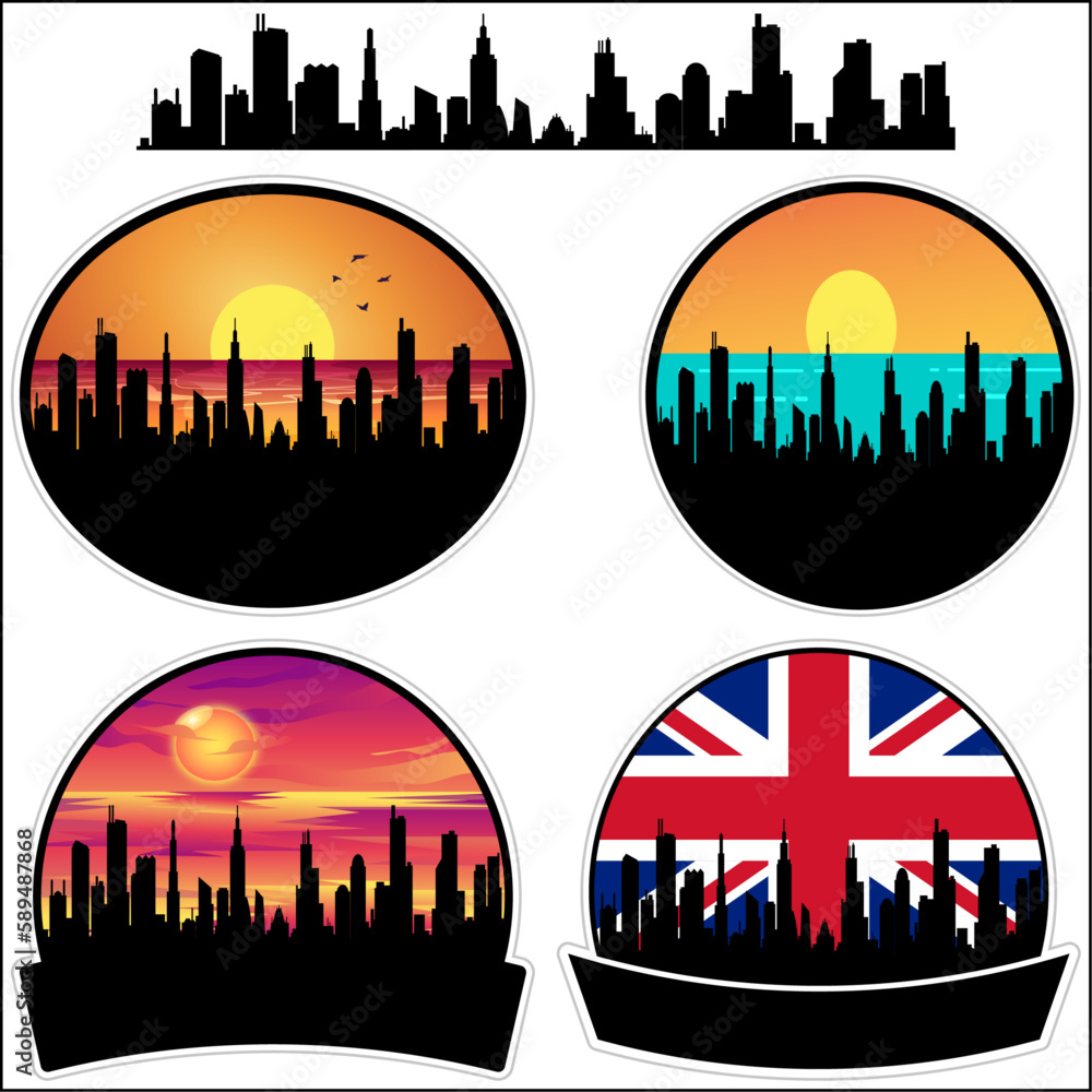 Whittlesey Skyline Silhouette Uk Flag Travel Souvenir Sticker Sunset Background Vector Illustration SVG EPS AI