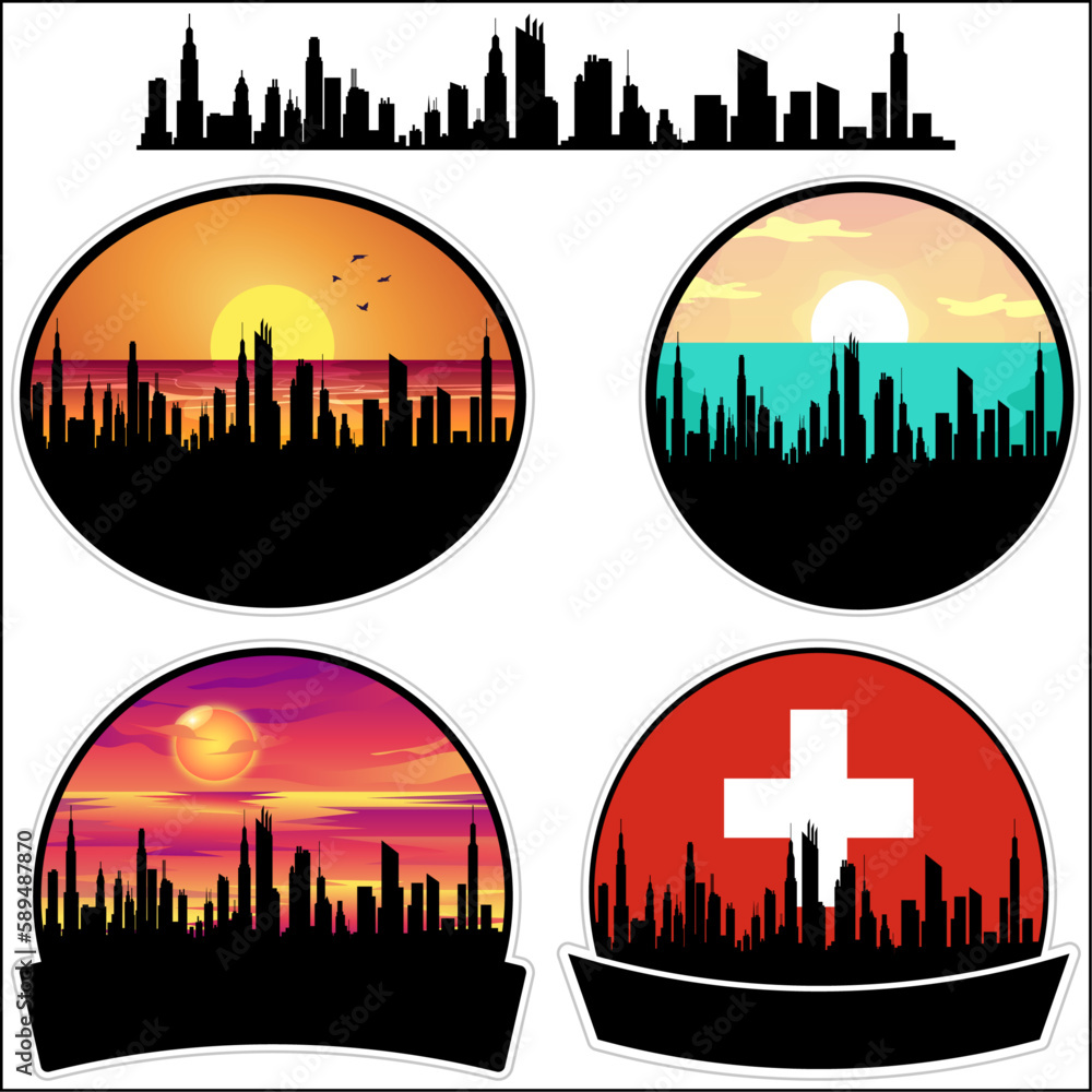 Wohlen Skyline Silhouette Switzerland Flag Travel Souvenir Sticker Sunset Background Vector Illustration SVG EPS AI