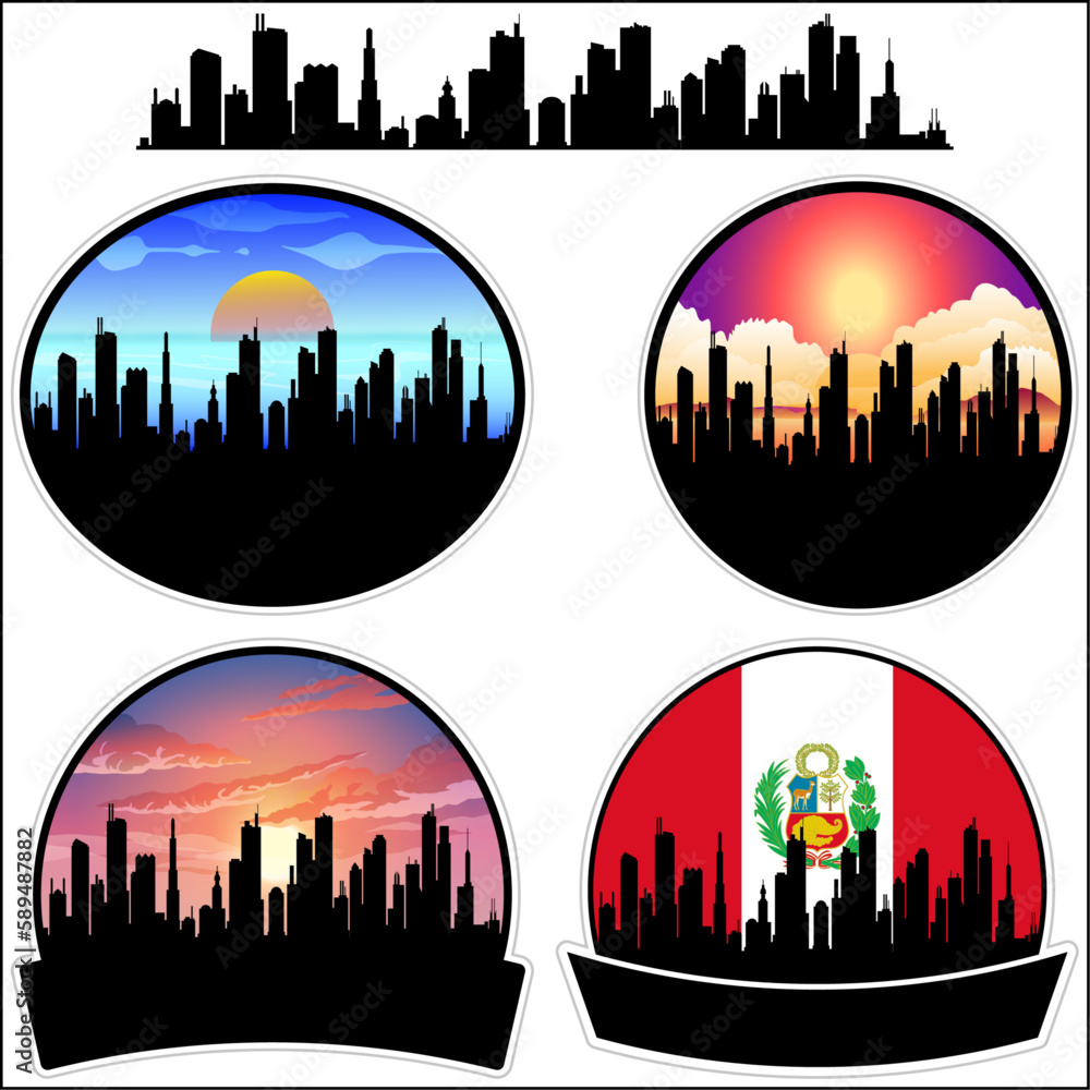 Ilave Skyline Silhouette Peru Flag Travel Souvenir Sticker Sunset Background Vector Illustration SVG EPS AI