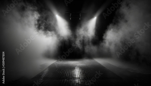 immerse yourself in an ethereal world  empty dark stage transformed with mist  fog  and black smoke  perfect for showcasing artistic works and products. generative ai