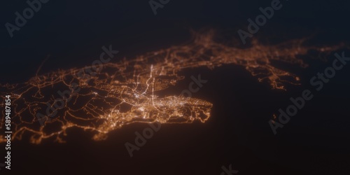 Street lights map of Dalian (China) with tilt-shift effect, view from south. Imitation of macro shot with blurred background. 3d render, selective focus