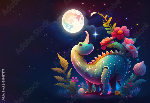 Fairy Dragon on the background of the night landscape. Moon and flowers. Cartoon. Generative AI