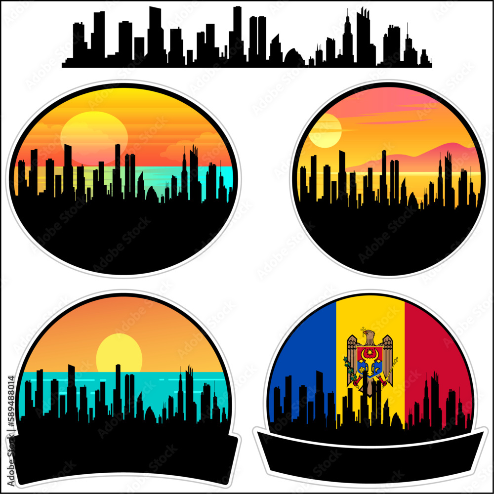 Causeni Skyline Silhouette Moldova Flag Travel Souvenir Sticker Sunset Background Vector Illustration SVG EPS AI