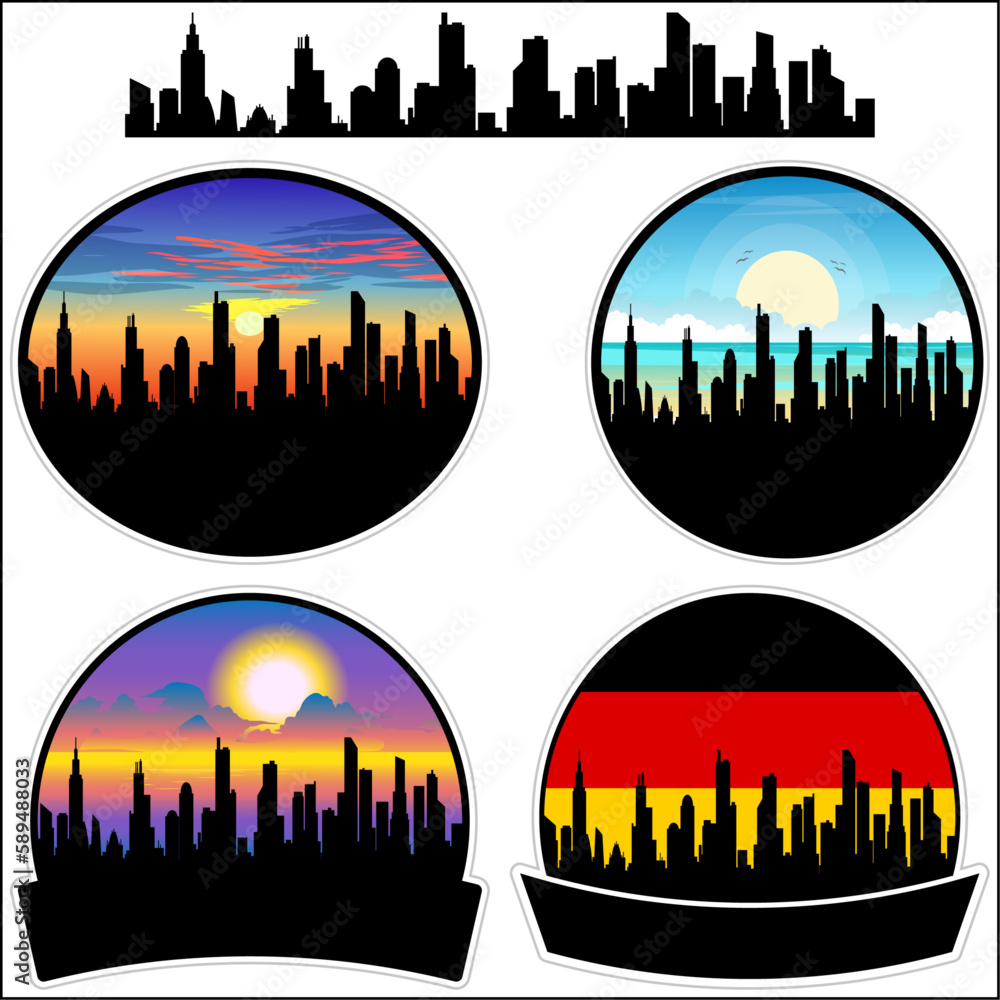 Bassum Skyline Silhouette Germany Flag Travel Souvenir Sticker Sunset Background Vector Illustration SVG EPS AI